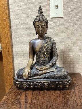 Seated Buddha Statue in Bronze and Dark Gray. Weighs 2.2 pounds. 15.5H 10.5W